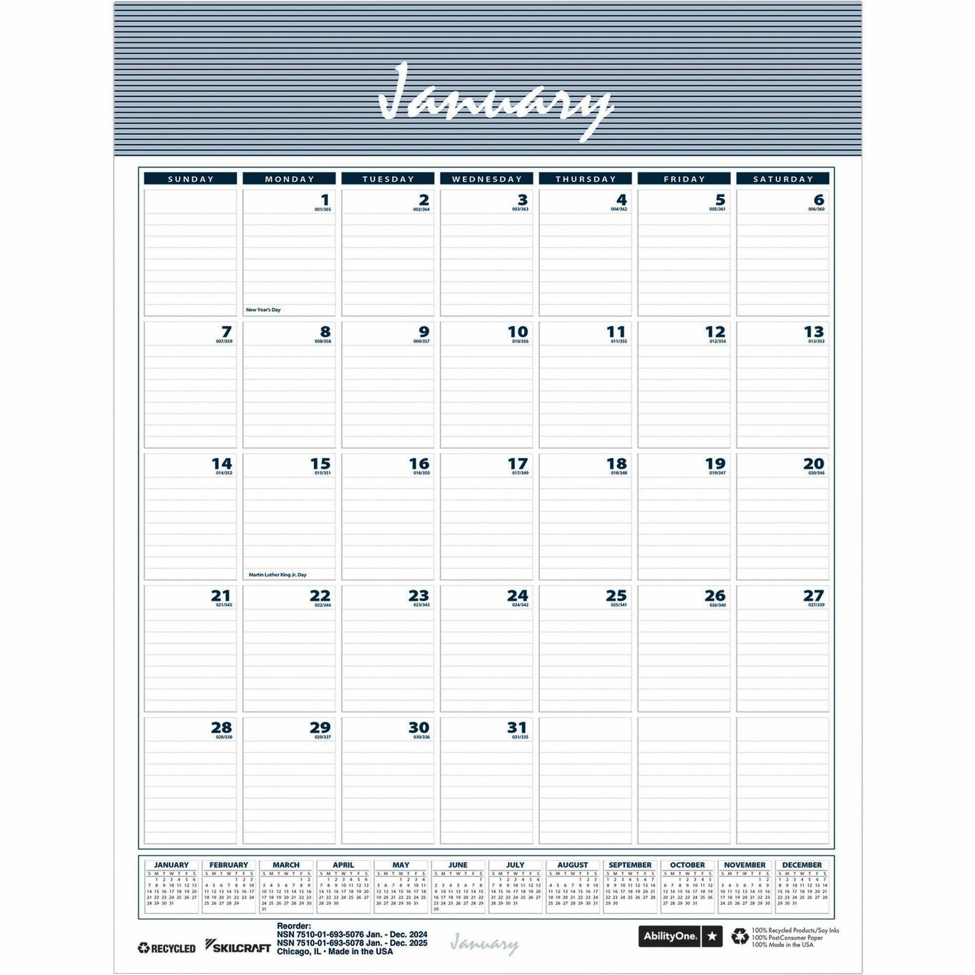 SKILCRAFT Monthly Wall Calendar Monthly 12 Month January