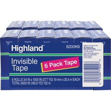 Highland 3/4"W Invisible Tape - 27 Yards - 1" Core - Case of 12 Rolls