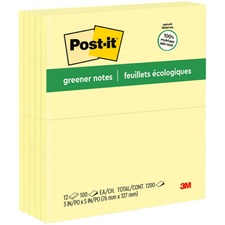 Post-it Greener Notepads - Yellow - 3" x 5" - Case of 12 Notepads