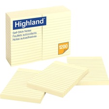 Highland Self-Sticking Ruled Notepads - Yellow - 4" x 6" - Case of 12 Notepads