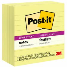 Post-it Super Sticky Ruled Notes - Yellow - 4" x 4" - Case of 6 Notepads