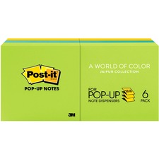 Post-it Pop-up Notes - Jaipur Color Collection - 3" x 3" - Case of 6 Notepads