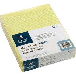 Business Source Glued Top Ruled Memo Pads - Letter - 50 Sheets - Glue - 16 lb Basis Weight - Letter - 8 1/2" x 11" Sheet Size - Canary Paper - 1 Dozen BSN50551