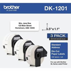 Brother Thermal Die-Cut Standard Address Labels - 1 9/64" Width x 3 1/2" Length - White - Paper - 400 / Roll - 1200 Total Label(s) - 1 / Pack BRTDK12013PK