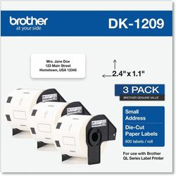 Brother DK Address Label - 2 2/5" Width x 1 1/10" Length - Rectangle - Thermal - Paper - 800 / Roll - 3 / Roll BRTDK12093PK