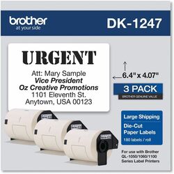 Brother DK Shipping Label - 6 2/5" Width x 4 1/16" Length - Rectangle - Thermal - White - Paper - 180 / Roll - 3 / Roll BRTDK12473PK