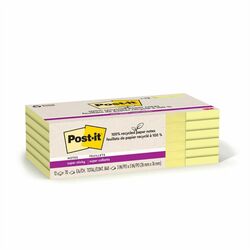 Post-it&reg; Recycled Super Sticky Notes - 70 - 3" Flag/Note Width x 3" Flag/Note Length - Square - 70 Sheets per Pad - Canary Yellow - Adhesive - Recycled - 12 / Pack MMM654R12SSCY