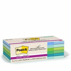 Post-it&reg; Recycled Super Sticky Notes - 70 - 3" Flag/Note Width x 3" Flag/Note Length - Square - 70 Sheets per Pad - Assorted Oasis - Adhesive - Recycled - 12 / Pack MMM654R12SST