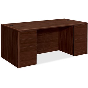 HON 10700 Series Double Pedestal Desk - 5-Drawer - 72" x 36" x 29.5" - 5 - Double Pedestal - Waterfall Edge - Material: Wood - Finish: Laminate, Mahogany