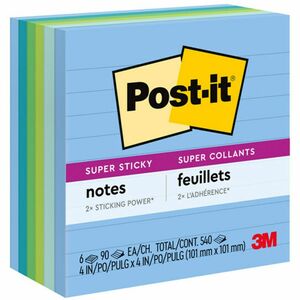 Post-it® Super Sticky Lined Notes - Bora Bora Color Collection - 540 - 4" x 4" - Square - 90 Sheets per Pad - Ruled - Assorted - Paper - Self-adhesive - 6 / Pack
