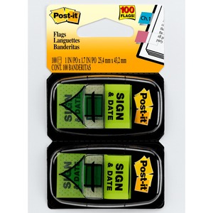 Post-it® Message Flags - 2 Dispensers - 100 x Green - 1" x 1.75" - Arrow, Rectangle - Unruled - "Sign & Date" - Bright Green - Removable, Self-adhesive - 1 / Pack
