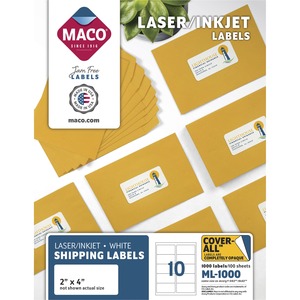 MACO White Laser/Ink Jet Shipping Label - 2" x 4" Length - Rectangle - Laser, Inkjet - White - 10 / Sheet - 1000 / Box