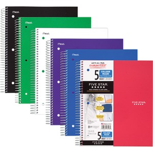 Mead Five-Star Wirebound 5-Subject Notebook - 200 Sheets - Wire Bound - 11" x 8 1/2" - White Paper - Assorted Cover - Pocket, Stiff-back, Perforated, Pocket Divider, Heavyweig