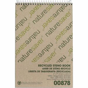 Nature Saver Recycled Steno Book - 60 Sheets - Spiral - 6" x 9" - White Paper - Chipboard Cover - Back Board - Recycled - 1 Each