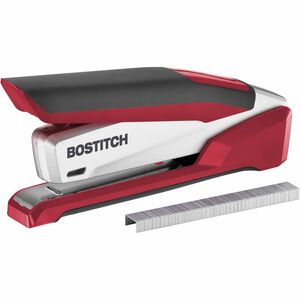 Bostitch InPower Spring-Powered Antimicrobial Desktop Stapler - 28 Sheets Capacity - 210 Staple Capacity - Full Strip - 1/4" Staple Size - 1 Each - Silver, Red