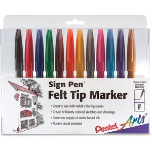 Pentel Arts Fiber-tipped Sign Pens - Bold Pen Point - Assorted Water Based Ink - Black Barrel - Fiber Tip - 12 / Pack