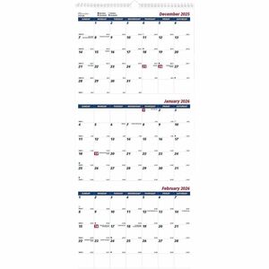 Brownline Three-Month Wall Calendar, 14 Months, December to January - Monthly - 14 Month - December 2025 to January 2027 - 3 Month Single Page Layout - 12 1/4" x 27" Sheet Siz
