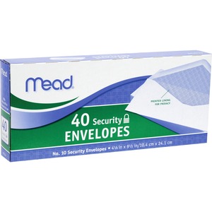 Mead No. 10 Security Envelopes - Business - #10 - 9 1/2" Width x 4 1/8" Length - 20 lb - Gummed - Wove - 40 / Box - White