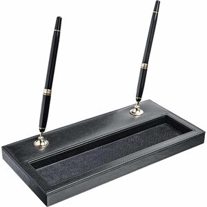 Dacasso Double Pen Stand with Gold Accent - 1" Height x 11.1" Width x 5.4" Length - Leather - Black - 1 Each