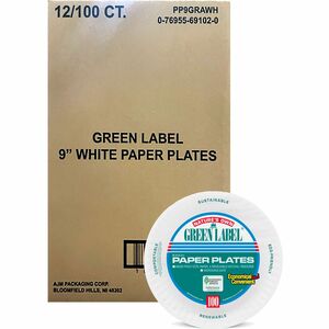AJM 9" Green Label Economy Paper Plates - 100 / Bag - Microwave Safe - 9" Diameter - White - Paper Body - 12 / Carton