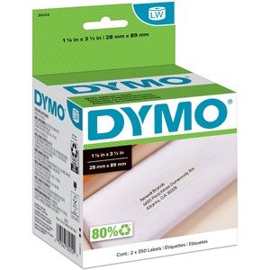 Dymo LabelWriter Address Labels - 1 1/8" Width x 3 1/2" Length - White - Paper - 350 / Roll - 2 / Box - Self-adhesive