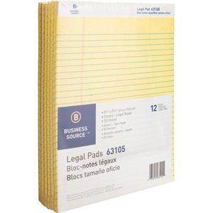 Business Source Micro-Perforated Legal Ruled Pads - 50 Sheets - 0.34" Ruled - 16 lb Basis Weight - 8 1/2" x 11 3/4" - Canary Paper - Micro Perforated, Easy Tear, Sturdy Back -