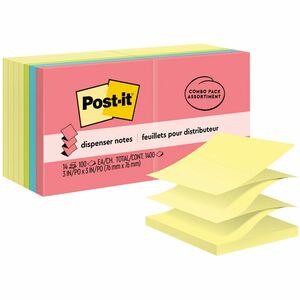 Post-it® Dispenser Notes - Poptimistic Color Collection and Canary Yellow - 1400 - 3" x 3" - Square - 100 Sheets per Pad - Unruled - Pink, Blue, Green, Yellow - Paper - Self-a