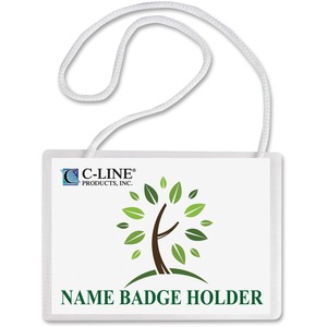 C-Line Biodegradable Hanging Style Name Badge Holder Kit - Sealed Holders with Inserts, White Cords, 4 x 3, 50/BX, 97043