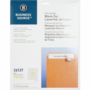 Business Source Block-out File Folder Labels - 3 7/16" Length - Permanent Adhesive - Laser, Inkjet - White - 30 / Sheet - 750 / Pack