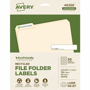Avery® EcoFriendly File Folder Label - Permanent Adhesive - Rectangle - Laser, Inkjet - White - Paper - 30 / Sheet - 25 Total Sheets - 750 Total Label(s) - 750 / Pack