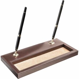 Dacasso Leather Double Pen Stand - Leather - Chocolate Brown, Gold - 1 Each