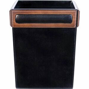 Dacasso Walnut & Leather Waste Basket - 3.50 gal Capacity - Wood, Top Grain Leather, Velveteen - Black - 1 Each