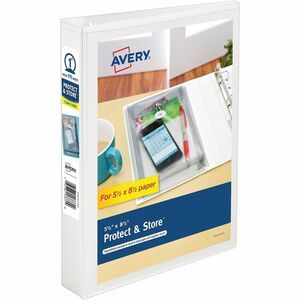 Avery® Mini Durable View Protect & Store(TM) Binder, 1" Round Rings, 175-Sheet Capacity, 5-1/2" x 8-1/2" , White (23011) - 1" Binder Capacity - Statement - 5 1/2" x 8 1/2" She