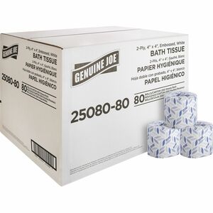 Genuine Joe Embossed Roll Bath Tissue - 2 Ply - 4" x 4" - 550 Sheets/Roll - 1.63" Core - White - 80 / Carton
