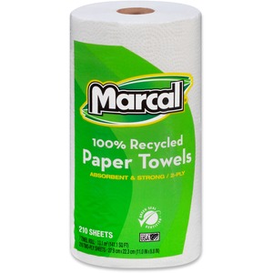 Marcal 100% Recycled, Jumbo Roll Paper Towels - 2 Ply - 11" x 9" - 210 Sheets/Roll - White - Fiber Paper - 12 / Carton