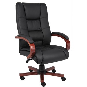 Boss CaressoftPlus High-Back Executive Chair - Black Seat Color - Vinyl Seat Material - Black, Cherry Wood Frame Color - Wood Frame Material - 5-star Base - 1 Each