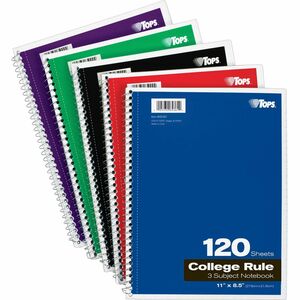TOPS 3 - subject College Ruled Notebook - Letter - 120 Sheets - Wire Bound - Letter - 8 1/2" x 11" - 0.25" x 8.5" x 11" - Assorted Paper - Black, Red, Blue, Green, Purple Cove