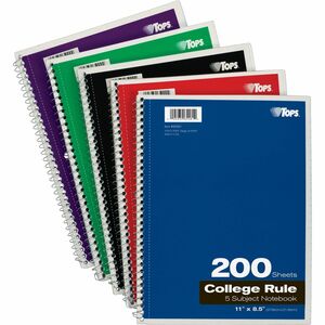 TOPS 5 - subject College - ruled Notebooks - Letter - 200 Sheets - Wire Bound - Letter - 8 1/2" x 11" - 0.25" x 8.5" x 11" - Assorted Paper - Black, Red, Blue, Green, Purple C