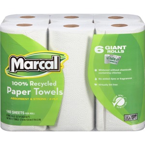 Marcal 100% Recycled Giant Roll Paper Towels - 2 Ply - 140 Sheets/Roll - White - 6 Rolls Per Container - 6 / Pack