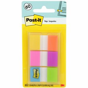 Post-it® Flags - Assorted Brights - 60 - 1" x 1.75" - Rectangle - Unruled - Yellow, Orange, Pink, Purple, Aqua, Lime, Assorted - Reusable, Repositionable, Self-adhesive, Remov