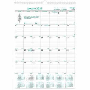 Brownline EcoLogix Monthly Wall Calendar, Twin-Wire Binding, 100% Recycled - Julian Dates - Monthly - 12 Month - January 2026 to December 2026 - 1 Month Single Page Layout - 1