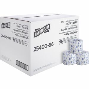 Genuine Joe 2-ply Standard Bath Tissue Rolls - 2 Ply - 3" x 4" - 400 Sheets/Roll - 1.63" Core - White - 96 / Carton