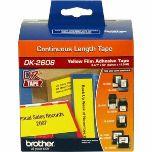 Brother DK2606 - Continuous Length Film Tape - 2.44" Width x 50 ft Length - Direct Thermal - Yellow - 1 Roll