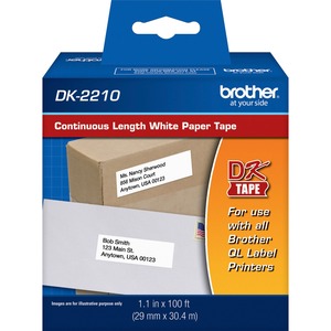 Brother DK2210 - Continuous Length Paper Tape - 1.14" Width x 100 ft Length - Direct Thermal - White - 1 / Roll