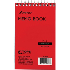 Ampad Topbound Memo Notebook - 50 Sheets - Wire Bound - 3" x 5" - White Paper - AssortedPressboard Cover - Mediumweight, Rigid - Recycled - 1 Each