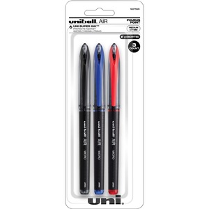 uni® Air Porous Rollerball Pens - Medium Pen Point - 0.7 mm Pen Point Size - Conical Pen Point Style - Black, Blue, Red - Black, Silver, Red Barrel - 3 / Pack