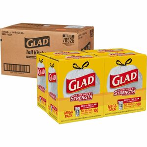 Glad ForceFlex Tall Kitchen Drawstring Trash Bags - 13 gal Capacity - 24" Width x 27" Length - Drawstring Closure - White - Plastic - 4/Carton - 100 Per Box - Kitchen, Office,