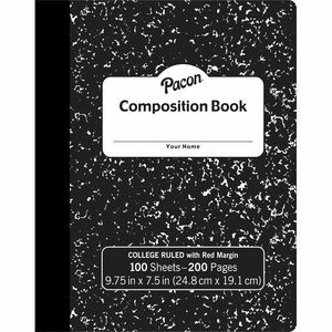 Pacon Composition Book - 100 Sheets - 200 Pages - College Ruled - 0.28" Ruled - 9.75" x 7.5" x 0.1" - White Paper - Black Marble Cover - Durable, Hard Cover - 1 Each