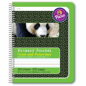 Pacon Composition Book - 100 Sheets - 200 Pages - Spiral Bound - Short Way Ruled - 0.63" Ruled - 4.50" Picture Story Space - 7 1/2" x 9 3/4" - Green Cover - Recycled - 100 / E