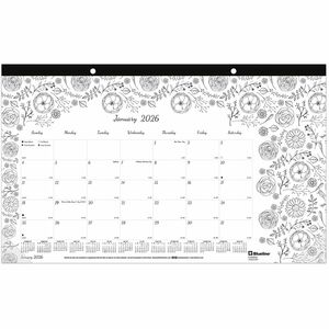 Blueline DoodlePlan Compact Desk Pad - Botanica - Monthly - January 2026 to December 2026 - 1 Month Single Page Layout - Desk Pad - White - Chipboard - 10.9" Height x 17.8" Wi